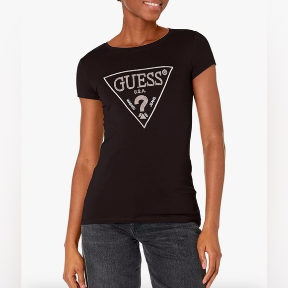 NEW Guess Rhinestone Embellished Short Sleeve Logo Tee in Black sze S - Picture 1 of 12
